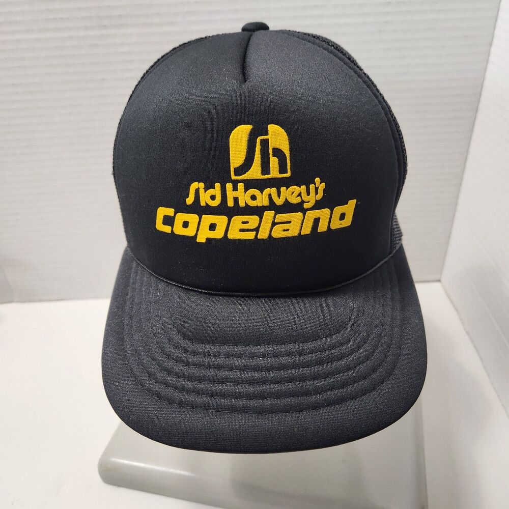 Trucker Hat Black Yellow Mesh  Cap 70s Auto Sid Harveys Copeland Vintage